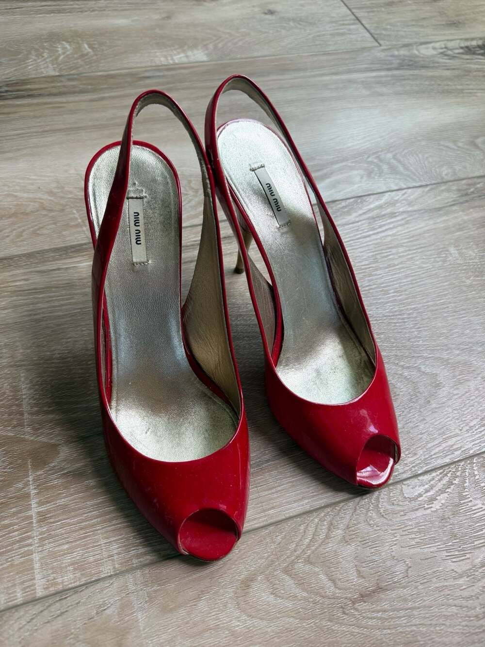 Miu Miu Red Patent Leather Peep Toe Slingback Heels